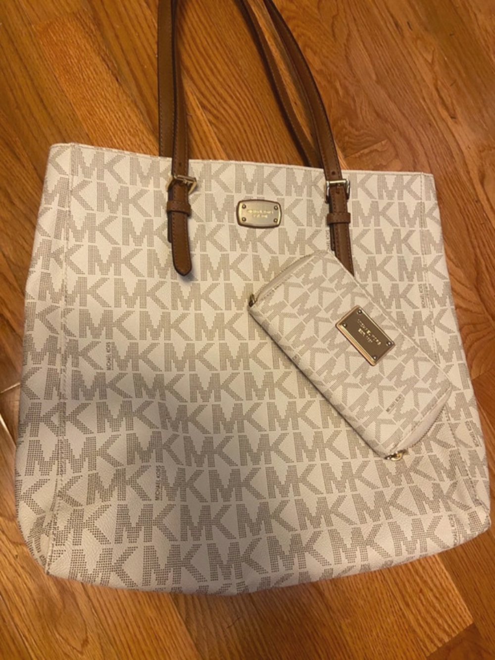 Michael Kors Cream MK Logo Tote with Brown Leather Straps
